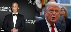 A photo collage of Seth Meyers and Donald Trump