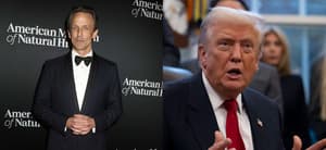 A photo collage of Seth Meyers and Donald Trump