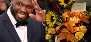 Photo collage of 50 Cent and the floral arrangement he claims Diddy sent to him.