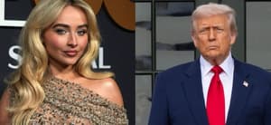 A photo collage of Sabrina Carpenter, Donald Trump,