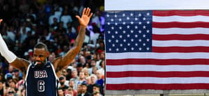Photo collage of LeBron James and American Flag.