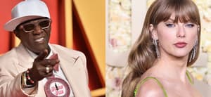 Photo collage of Taylor Swift and Flavor Flav.