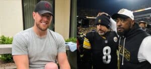 Photo collage of JJ Watt, Mike Tomlin, and Aaron Rodgers.