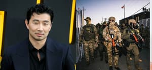 Photo collage of Simu Liu and ICE agents.