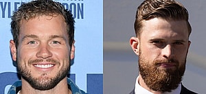 Colton Underwood smiling (left) Harrison Butker in tux (right)