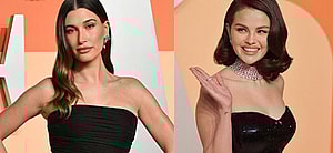 Hailey Bieber, Selena Gomez photo collage of their red carpet appearance at the Vanity Fair Oscars Party