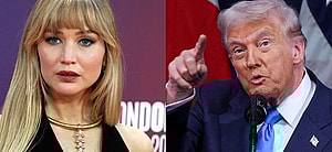 A photo collage of Jennifer Lawrence and Donald Trump