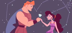 A photo showing Hercules giving Megara a flower.