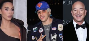 Kim Kardashian, Pete Davidson, and Jeff Bezos collage.