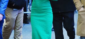 Emily Blunt looks stunning in an emerald bodycon dress as she stops by the GMA