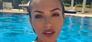 Emily Faye Miller visits a pool party in a yellow bikini