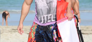 Jersey Shore cast members Mike quot The Situation quot Sorrentino Vinny Guadagnino Paul quot Pauly D quot Delvecchio and Angelina quot Jolie quot Pivarnik show off their beach bodies in Miami
