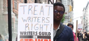 WGA Writers seen picketing in New York City for the Hollywood Strike in hopes to get better wages