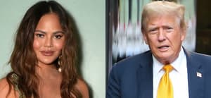 A collage of Chrissy Teigen posing on the red carpet and Donald Trump greeting the crowd at Trump Towers