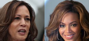 A closeup collage of Kamala Harris and Beyonce