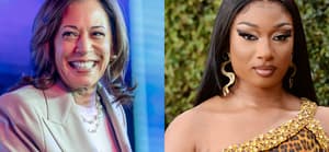 A collage of Vice president Kamala Harris and Megan Thee Stallion photos