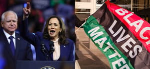 A collage of Kamala Harris and her VP Pick Tim Walz with a BLM flag