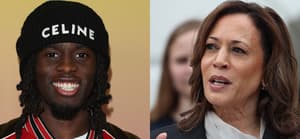 A photo collage of Kai-Cenat and Kamala Harris