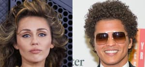 A photo collage of Miley Cyrus and Bruno Mars