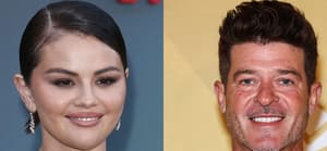A photo collage of Robin Thicke and Selena Gomez
