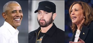 A photro collage of Barack Obama, Eminem and Kamala Harris