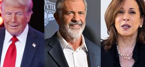 A photo collage Donald Trump, Mel Gibson and Kamala Harris