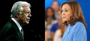 A photo collage of Jimmy Carter and Kamala Harris