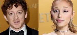 A photo collage of Ethan Slater and Ariana Grande at the 2025 SAG Awards