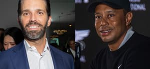 A photo collage of Donald Trump Jr. and Tiger Woods