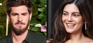 A photo collage of Andrew Garfield and Monica Barbaro