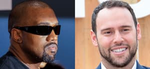A photo collage of Kanye West and Scooter Braun
