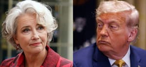 A photo collage of Emma Thompson and Donald Trump