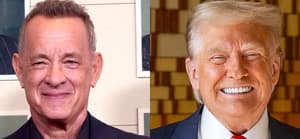 A photo collage of Tom Hanks and Donald Trump