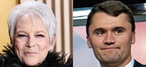 A photo collage of Jamie Lee Curtis and Charlie Kirk