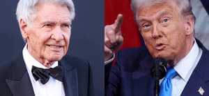 A photo collage of Harrison Ford and Donald Trump