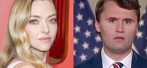 A photo collage of Amanda Seyfried and Charlie-Kirk