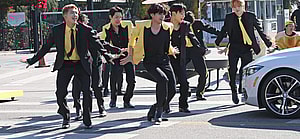 James Corden is seen filming with South Korean boy band BTS for a segment on the The Late Late Show with James Corden