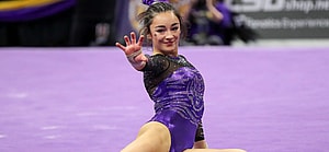 January 07, 2022: LSU's Elena Arenas poses at the end of her floor routine during NCAA Gymnastics action between Centenary and the LSU Tigers at the Pete Maravich Assembly Center in Baton Rouge, LA. Jonathan Mailhes/CSM(Credit Image: © Jonathan Mailhes/Cal Sport Media) Newscom/(Mega Agency TagID: csmphototwo848813.jpg) [Photo via Mega Agency]
