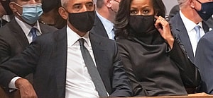 former US President Barack Obama and former first lady Michelle Obama attend the funeral of former US Secretary of State Colin L. Powell at the Washington National Cathedral in Washington, DC