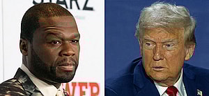 Photo collage of 50 Cent and Donald Trump