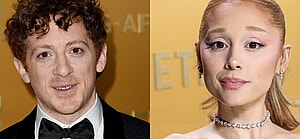 A photo collage of Ethan Slater and Ariana Grande at the 2025 SAG Awards