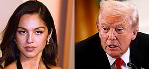 A photo collage of Olivia Rodrigo and Donald Trump