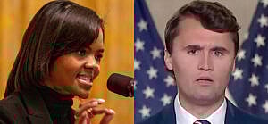 A photo collage of Candace Owens and Charlie Kirk