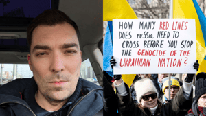 Protesters holding Ukrainian flags and a sign questioning Russia's actions in Ukraine