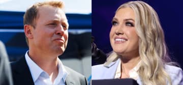 A photo collage of Spencer Pratt and Erika Kirk