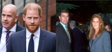 A side-by-side collage of Prince Harry (left) and former Prince Andrew and Sarah Ferguson (right)