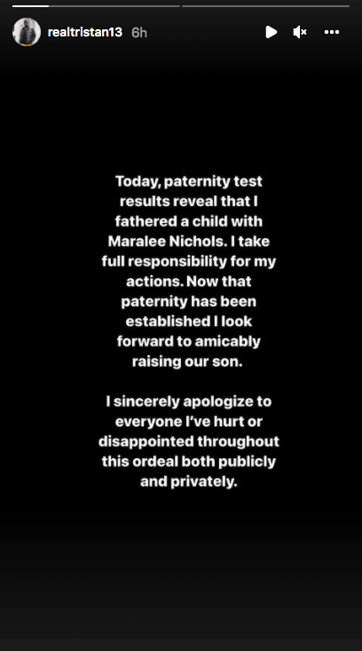 Tristan Thompson's post on his Instagram story