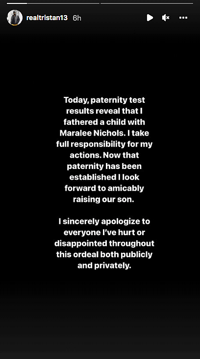 Tristan Thompson's post on his Instagram story