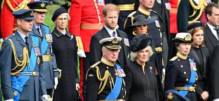 King Charles III and Camilla Queen Consort, Prince Harry and Meghan Markle Duchess of Sussex seen at Wellington Arch.