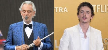 A photo collage of Andrea Bocelli-Timothée Chalamet-